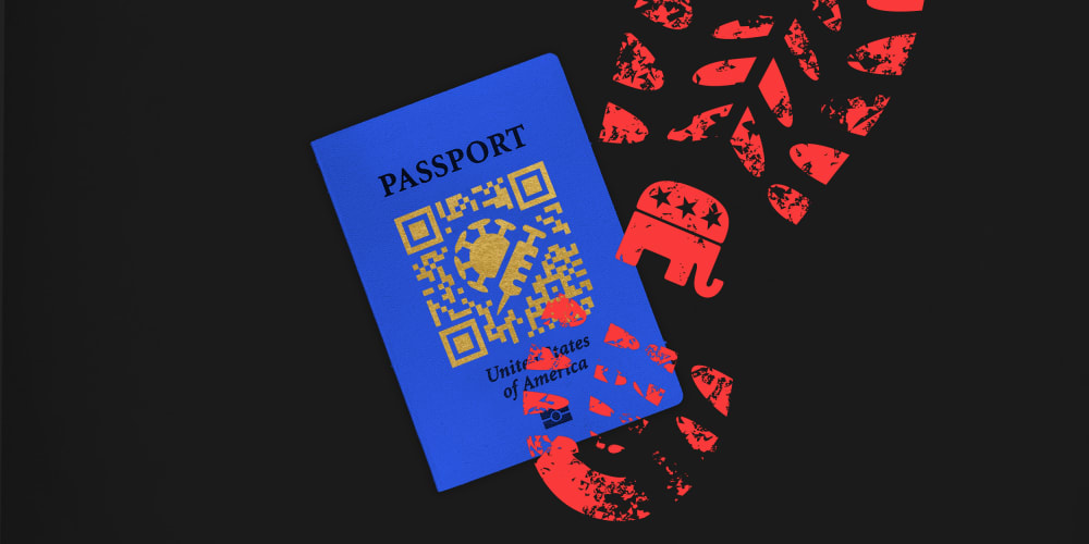 Photo illustration: A red colored footprint with the Republican Party logo over a blue passport that has a QR code with a COVID-19 spore and a vaccine on it.