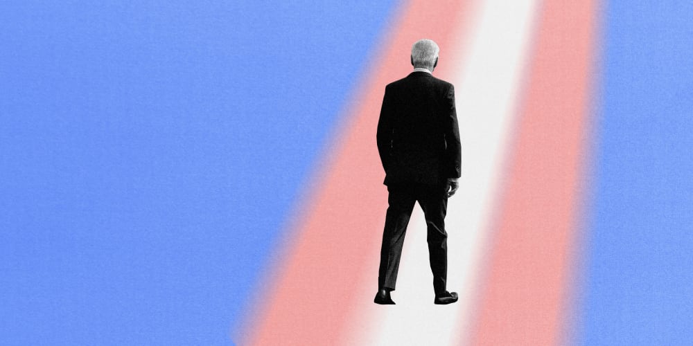 Illustration of President Joe Biden walking down a path made of the transgender flag.
