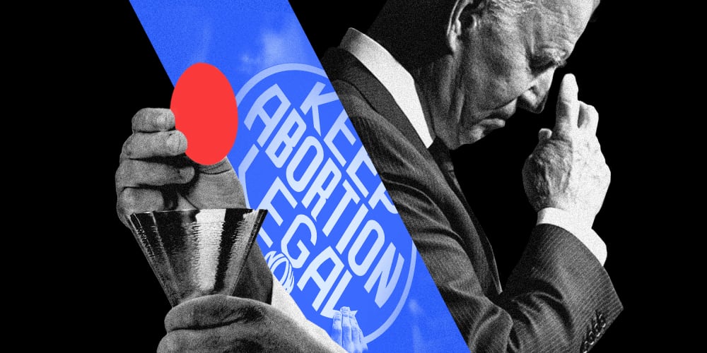 Photo illustration: A sign with the text,"Keep abortion legal" between images of a priest's hand offering communion and President Joe Biden praying.