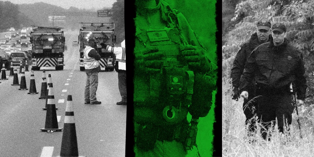 Photo collage: Image of traffic on Interstate 95, close-up of military gear and image of police working.