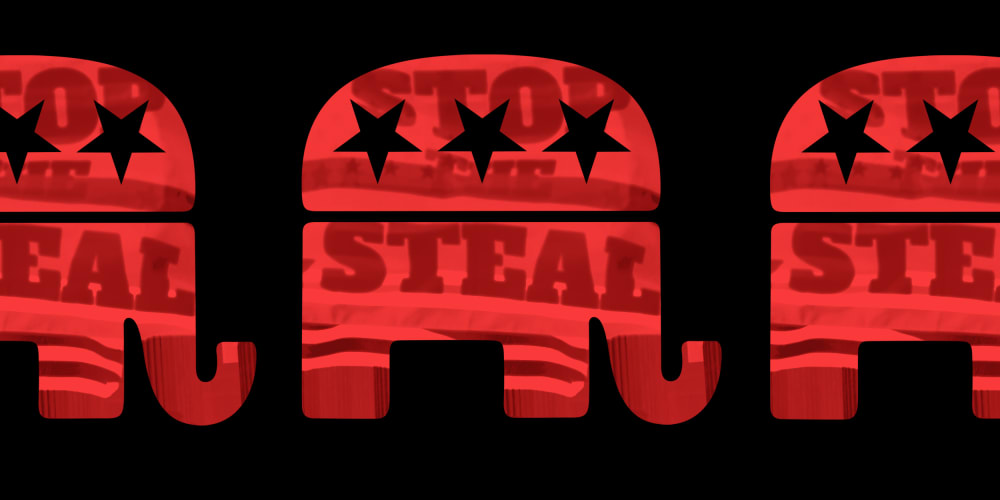 Photo illustration: Three Republican Party elephants with the image of a flag that reads,"Stop the Steal".