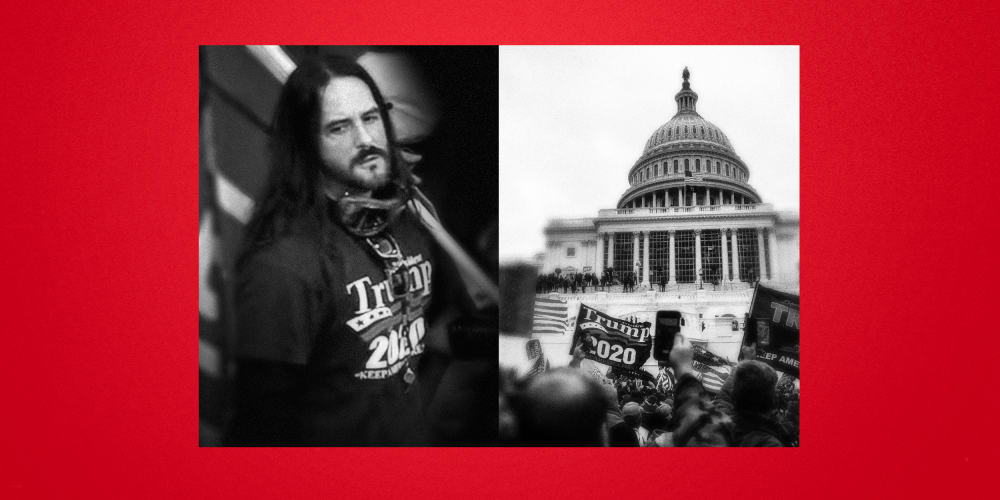 Illustration of Paul Allard Hodgkins and a photo of the riot at the Capitol on Jan. 6, 2021.