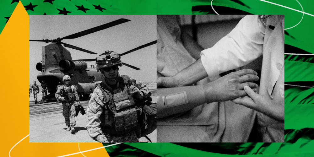 Illustration of American troops in Afghanistan and a wounded veteran's prosthetic arm being held by a doctor.