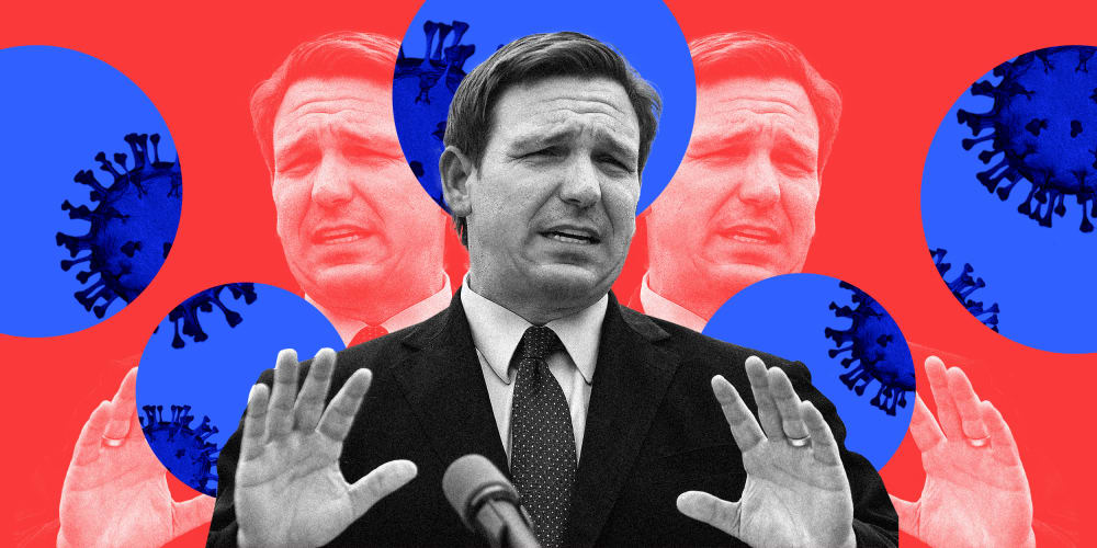 Photo illustration: Ron DeSantis speaking and blue circles behind him reveal Covid-19 spores.