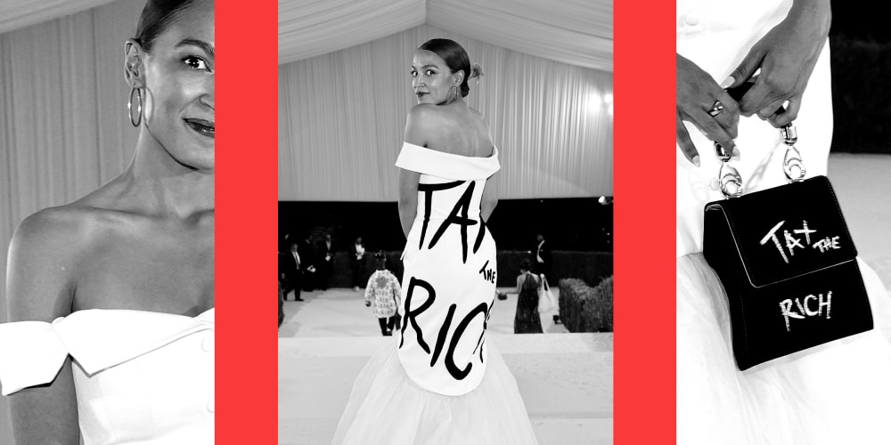 Photo collage: Images of Alexandria Ocasio-Cortez at the 2021 Met Gala. The back of her dress and the close-up of her purse read, "Tax the rich".