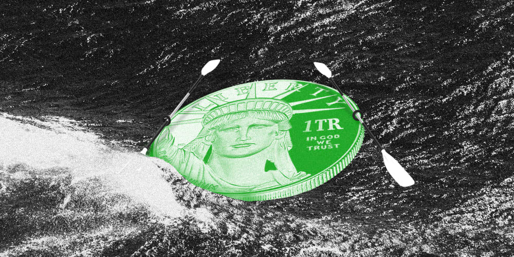 Photo illustration: Waves crashing into a coin which has paddles on both sides. The coin reads,"Liberty", "1TR", and "In God We Trust".