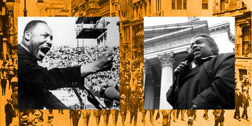 Photo collage: Images of Rev. Martin Luther King Jr. and Rev. Al Sharpton speaking at rallies over a background image of people marching.