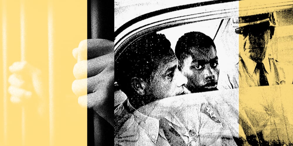 Photo collage: Image of hands behind bars and of a young Henry Montgomery flanked by two deputies.