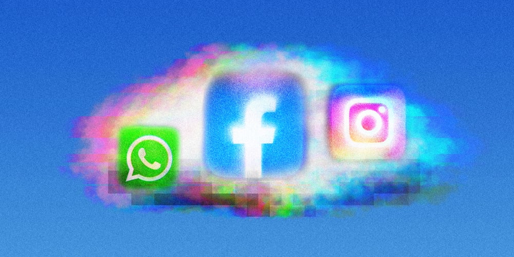 Photo illustration: Logos of Whatsapp, Facebook and Instagram on a cloud that's glitching.