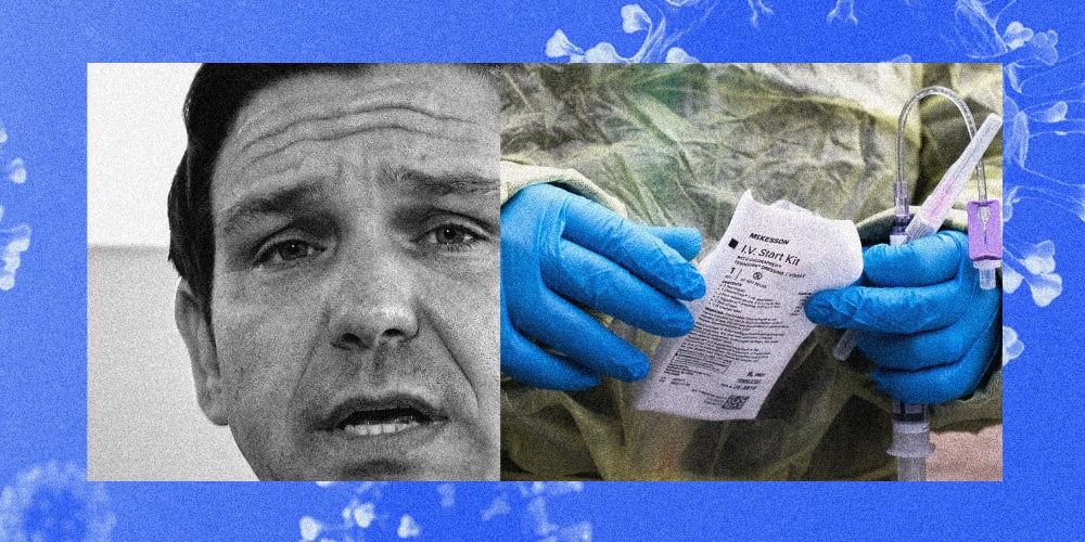 Photo illustration: A thick border with floating Covid-19 spores aroundimages of Ron Desantis and a healthcare worker preparing an infusion of monoclonal antibody treatment.