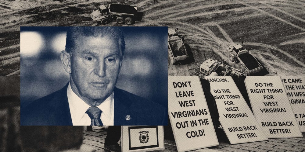Photo illustration of Sen. Joe Manchin, D-W.Va., and trucks carrying coal, and protesters asking for Manchin to help pass the "Build Back Better" bill.