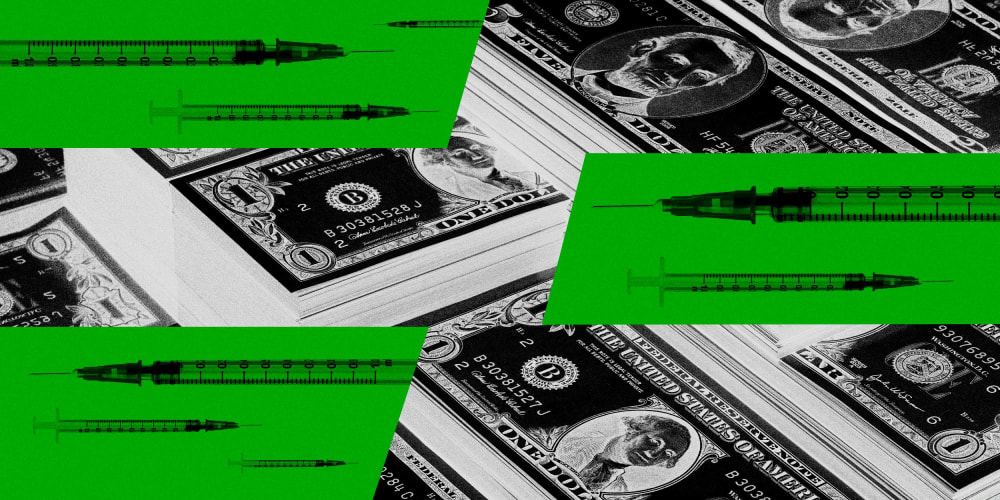 Illustration of vaccine syringes and stacks of American money.
