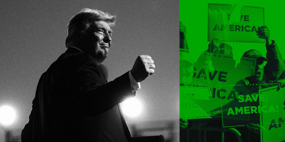 Photo Illustration of former President Donald Trump at a campaign rally and Trump supporters holding signs that say "Save America."