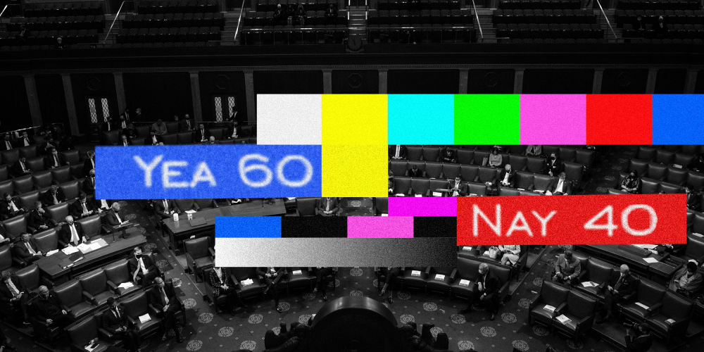 Photo illustration: Television color bars with one bar reading,"Yea 60" and another one that reads,"Nay 40" over an image of the Senate floor.
