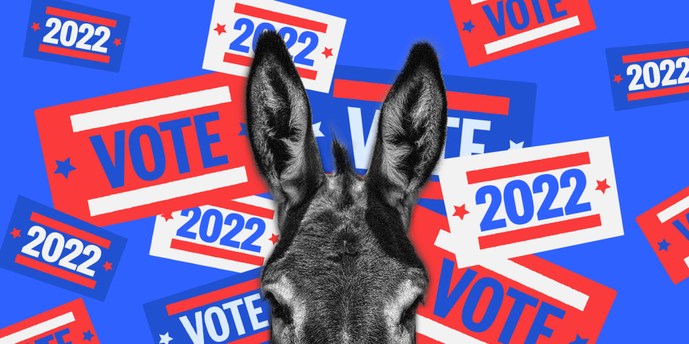 Photo illustration: Top half of a donkey's head shown against flying stickers in red, blue and white colors that read,"Vote" and "2022".