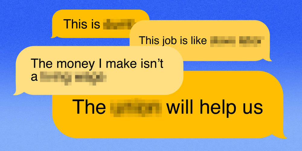 Illustration of text bubbles with blurred out words like "union" and "slave labor" and "dumb."