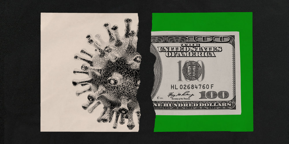 Photo illustration of two torn pieces of paper showing a Covid-19 spore and a $100 dollar bill.