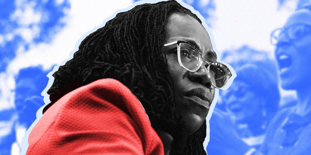 Photo collage: An cutout image of Ketanji Brown Jackson against a blue background of African-American women cheering at a rally.