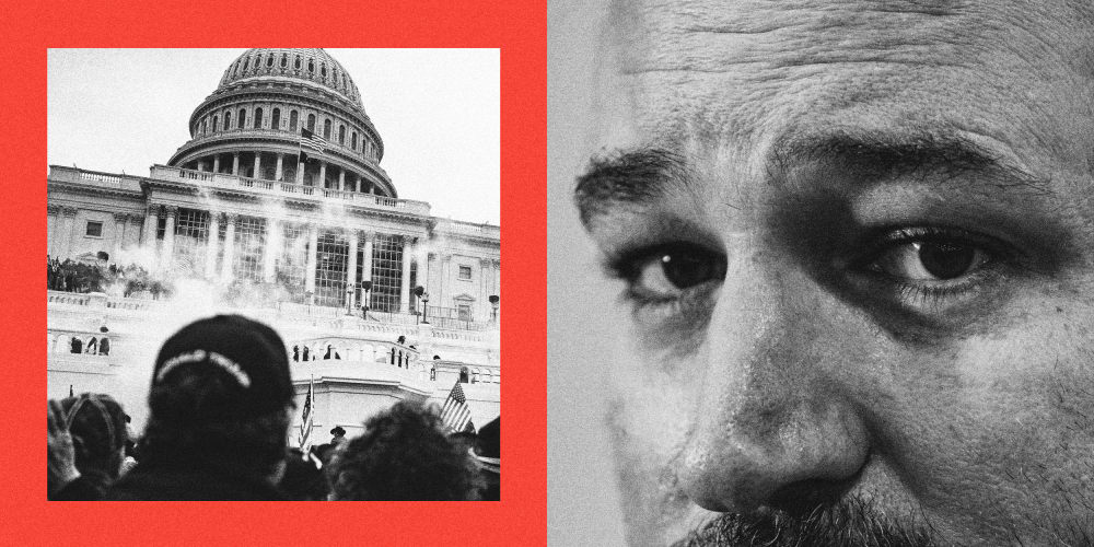 Photo illustration of rioters at the Capitol on Jan. 6, 2021 and Sen. Ted Cruz.