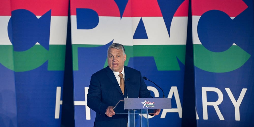 Image: Viktor Orban giving a speech against a background that reads, "CPAC Hungary"