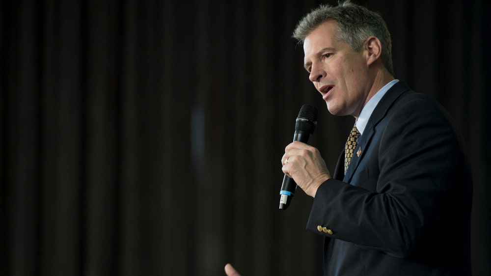 Sen. Scott Brown, R-Mass., speaks at a rally in Cumnock Hall at the University of Massachusetts Lowell campus in Lowell, Mass.