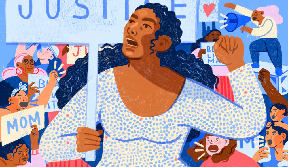 Illustration of diverse women, both young and old and holding children, in protest with signs and bullhorns.