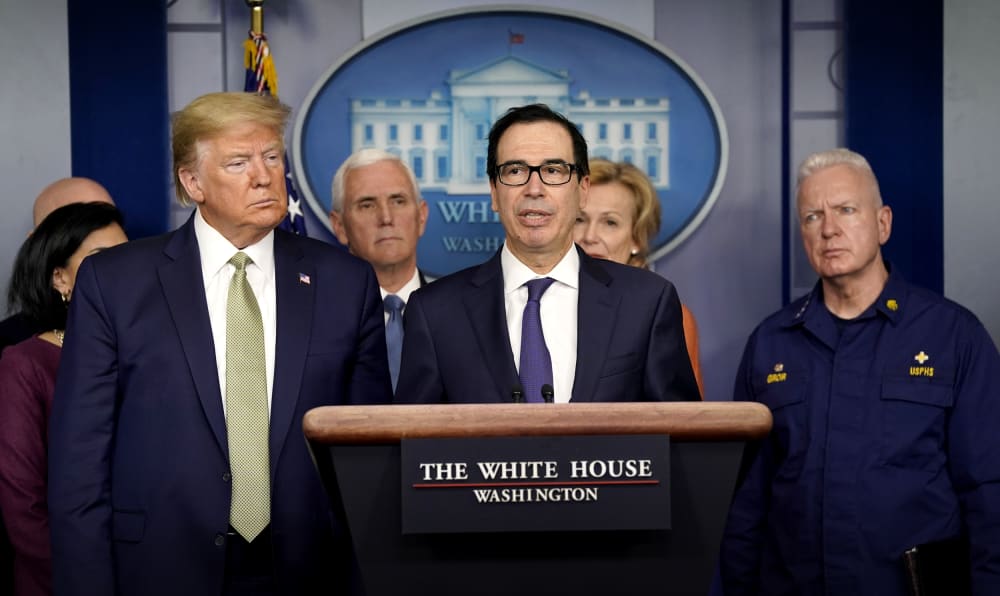 Image: Treasury Secretary Steve Mnuchin speaks at a press briefing at the White House on March 17, 2020.