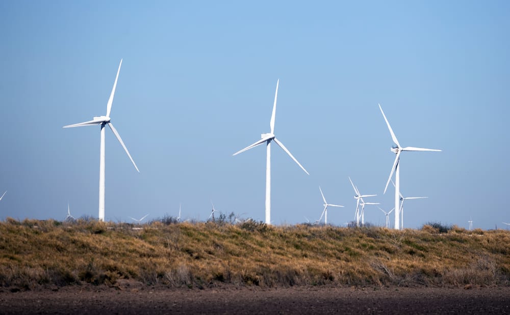 Wind turbines.