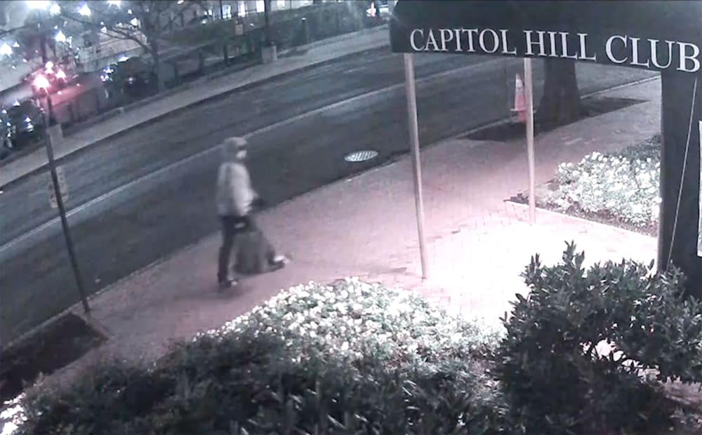 A screengrab of surveillance footage, released by the FBI, of the suspect in the pipe bomb case in the Capitol Hill neighborhood of Washington, D.C.