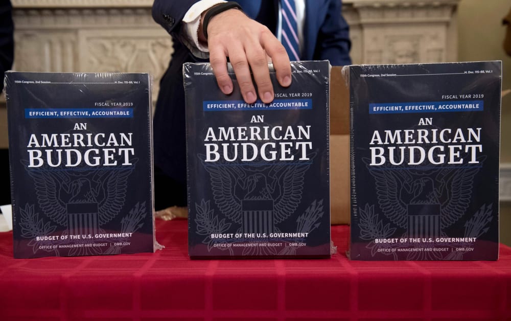 Image: A Congressional staff member delivers copies of the government budger