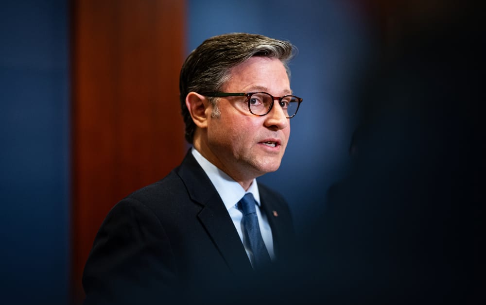 US House Speaker Mike Johnson speaks to members of the media at the US Capitol.