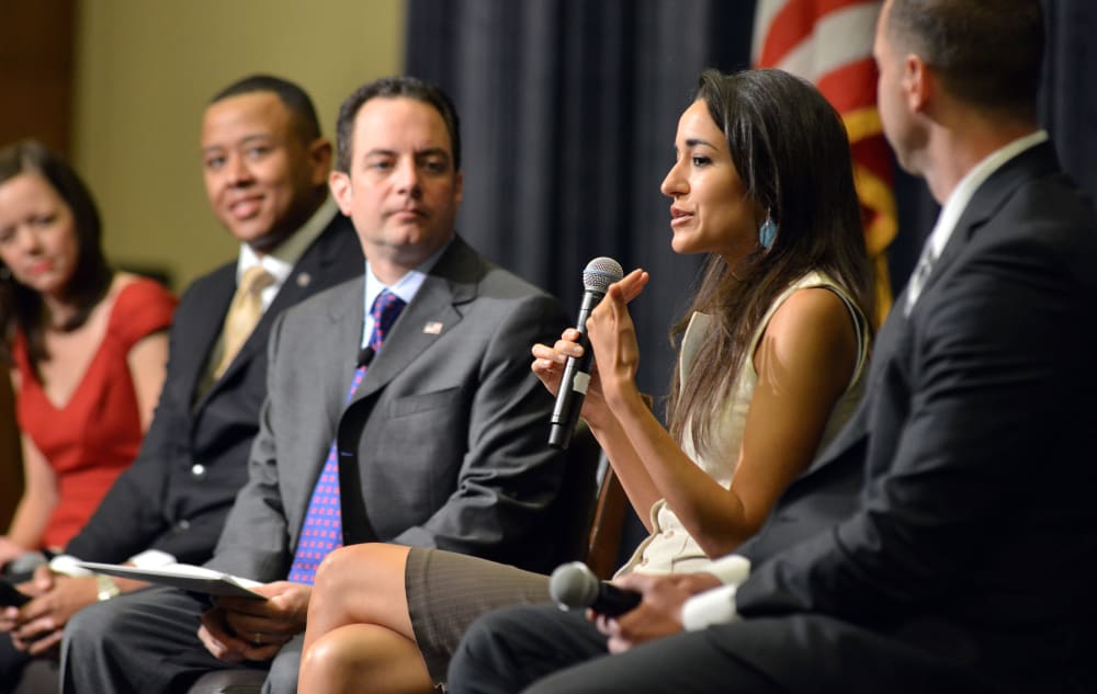 New Hampshire state Rep. Marilinda Garcia, second from right, speaks as, from left, Karin Agness, founder of Network of Enlightened Women, Speaker of the House in Oklahoma, T.W. Shannon, Chairman of the Republican National Committee Reince Priebus,...