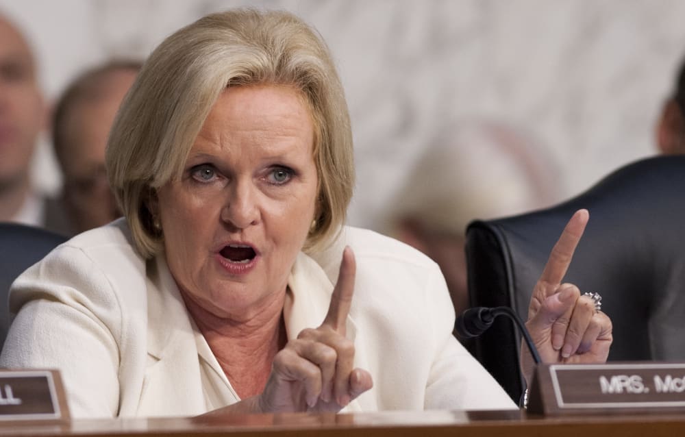 Missouri Democrat Senator Claire McCaskill questions a panel of the Joint Chiefs of Staff and their legal counsels as they testify regarding sexual assaults in the military during a Senate Armed Services Committee hearing on Capitol Hill AFP PHOTO /...