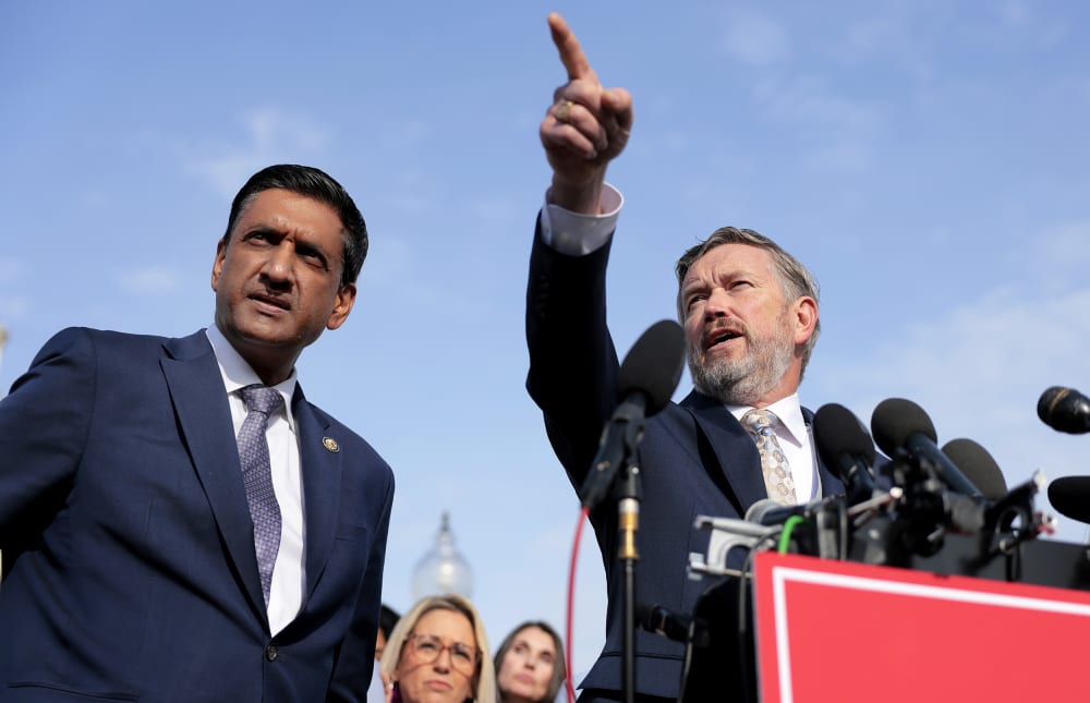 Rep. Thomas Massie and Rep. Ro Khanna during a news conference on the Epstein Files Transparency Act on Nov. 18, 2025 outside the U.S. Capitol.