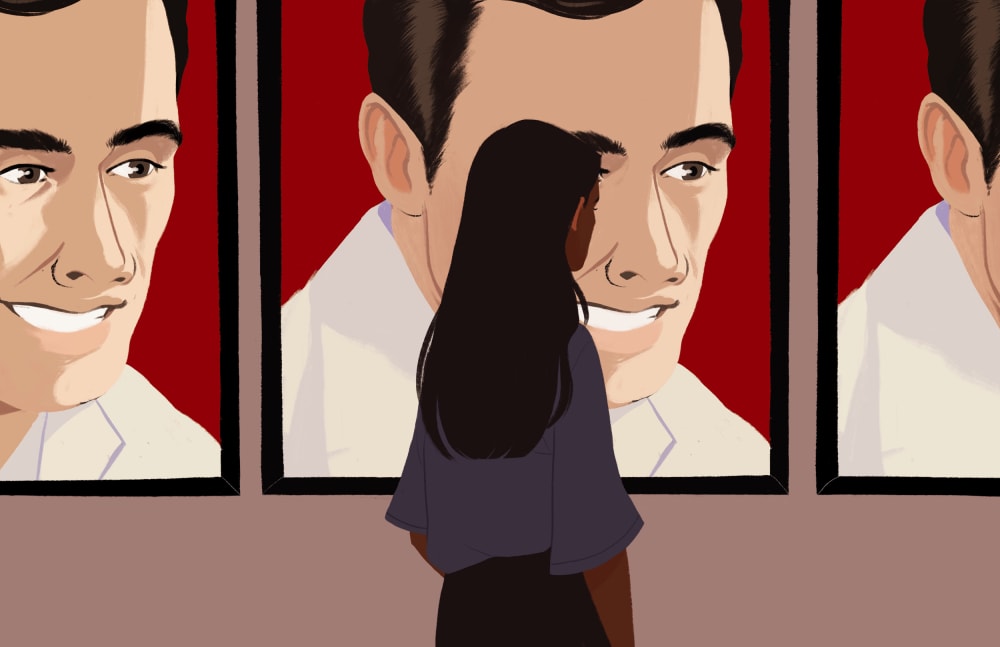 Illustration of a Latina woman with dark skin looking at movie posters of John Leguizamo, who has lighter skin.