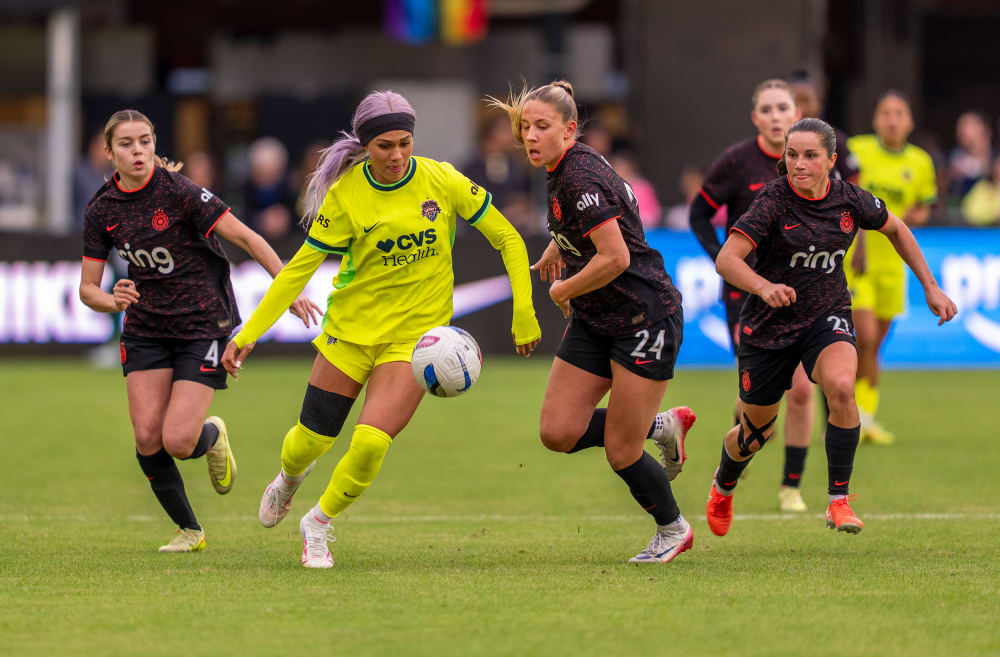 Trinity Rodman, second from left, of the Washington Spirit during a game against Portland Thorns FC in Washington, D.C.