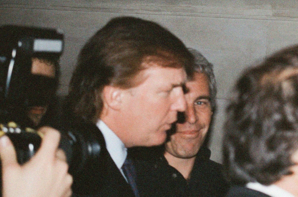 Donald Trump, left, seen in profile, with Jeffrey Epstein partially obscured behind him.