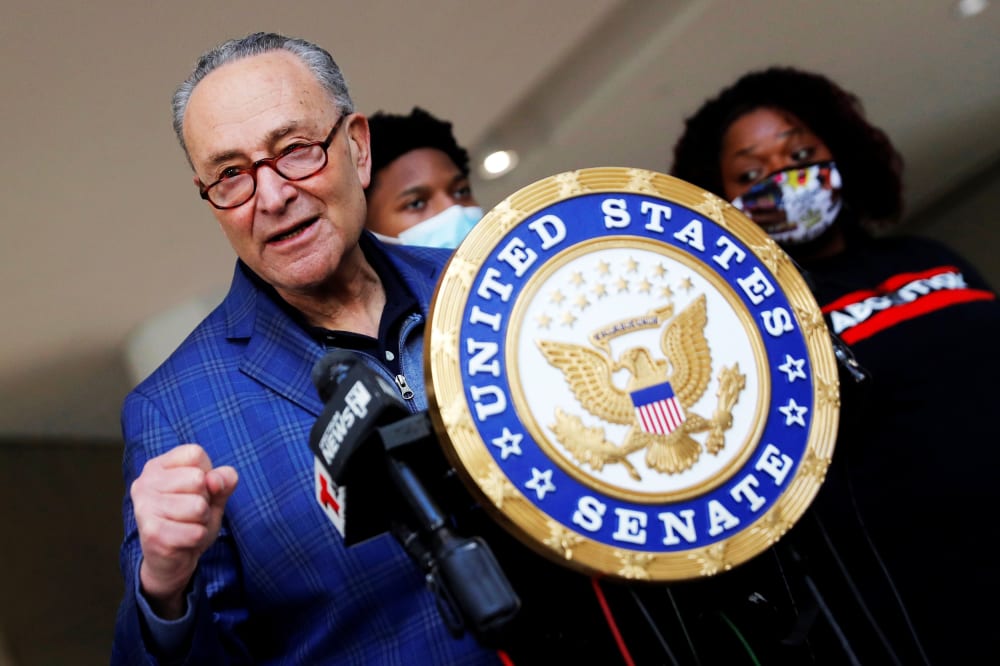 Senate Majority Leader Chuck Schumer speaks about the Covid-19 relief legislation in New York on March 8, 2021.