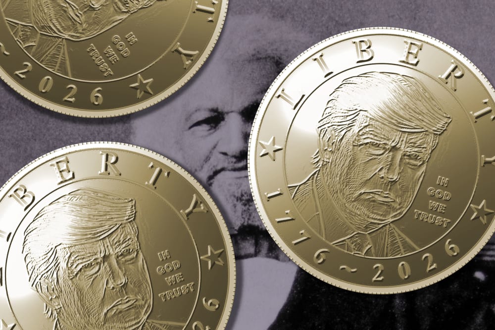 One Dollar coins featuring Trump's likeness overlaying a picture of Frederick Douglass