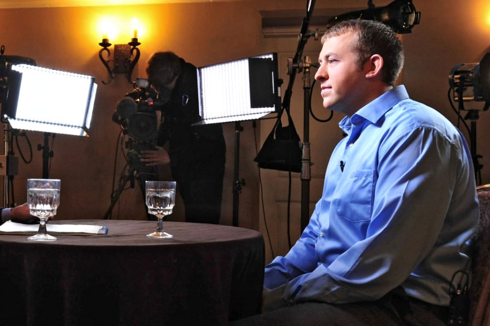 Police officer Darren Wilson is shown in this handout photo provided by ABC News during an exclusive interview with ABC News' George Stephanopoulos, in Missouri, Nov. 25, 2014 as he breaks his silence about the shooting of Michael Brown.