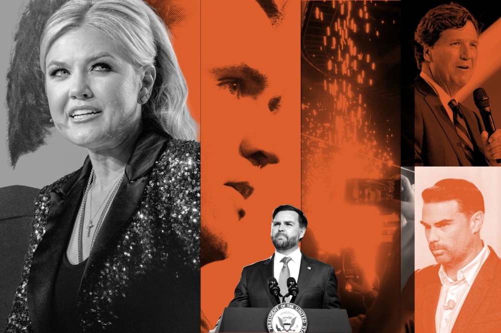 A composite image of Charlie Kirk, Erika Kirk JD Vance, Tucker Carlson, and Ben Shapiro