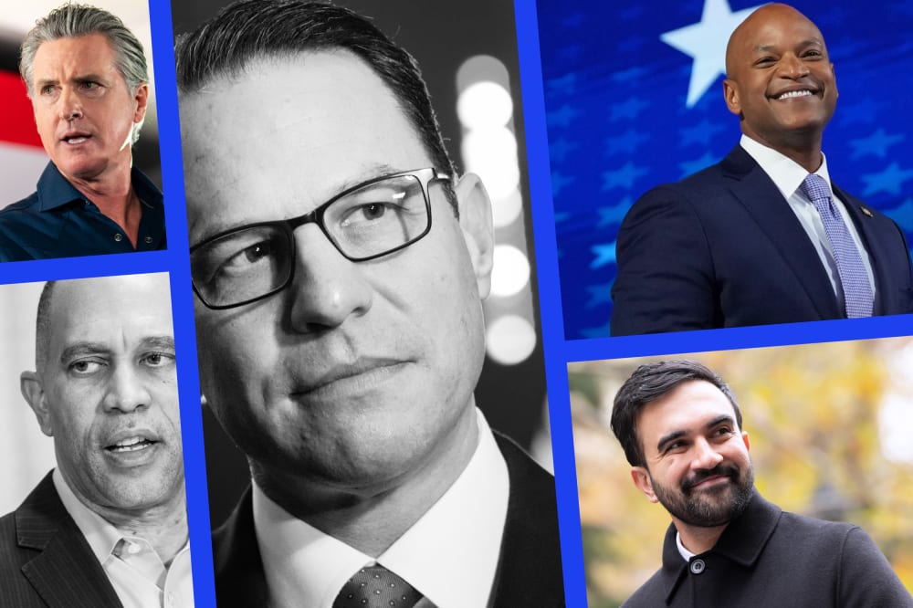 A composite image showing Gavin Newsom, Hakeem Jeffries, Josh Shapiro, Wes Moore, and Zohran Mamdani