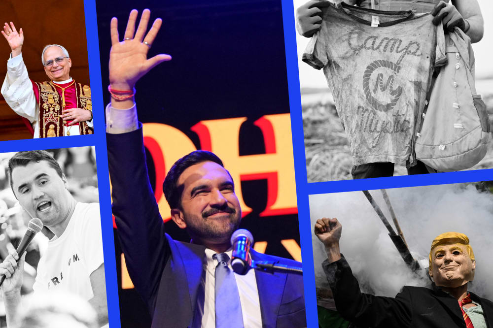 Images of Pope Leo XIV, Zohran Mamdani, a t-shirt from Camp Mystic in Texas, a protestor with a Donald Trump mask, and Charlie Kirk
