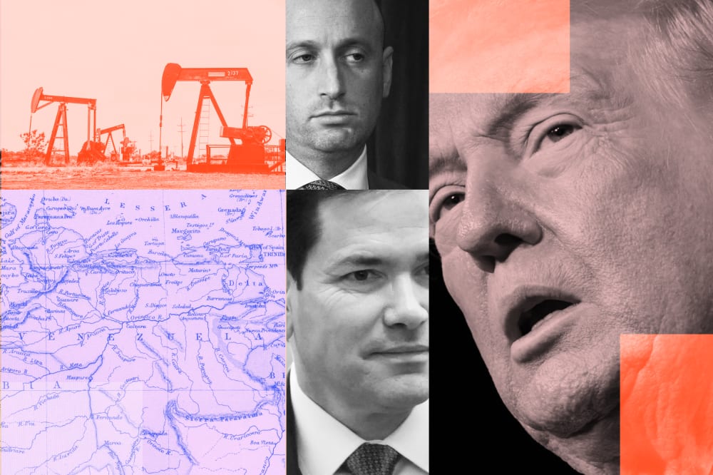 A collage showing Trump, Marco Rubio, and Stephen Miller, overlaying a map of Venezuela