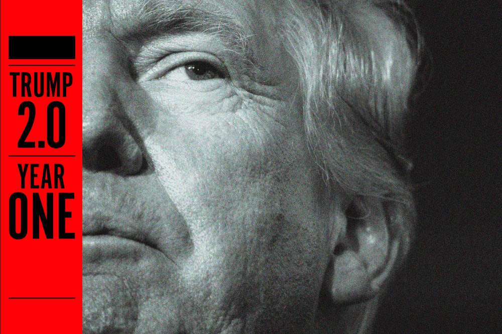 An extreme close up of Donald Trump and a bar of text that reads "Trump 2.0 Year One"