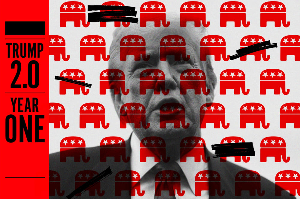 A photo illustration of Trump with Republican elephant logos in lockstep overlaying him