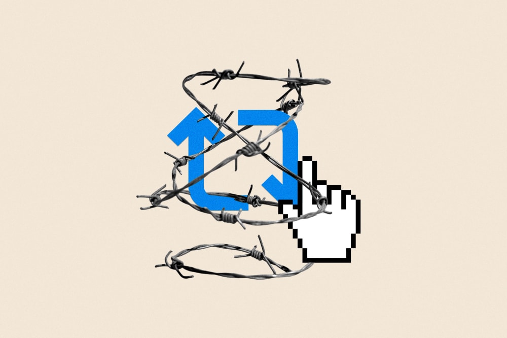 Photoillustration of a cursor clicking a repost button with barbed wire overlaid.