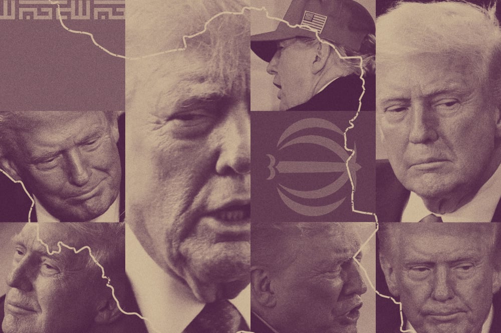 Photoillustration of Donald Trump shown in multiple close-up angles and expressions, overlaid with the outline of Iran and stylized Iranian flag elements, creating a layered, artful composition.