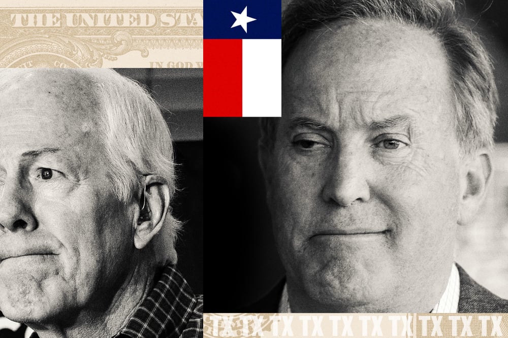 Photoillustration featuring side-by-side portraits of John Cornyn and Ken Paxton separated by the Texas state flag, with a U.S. currency fragment at the top and a repeating "TX" pattern along the bottom.