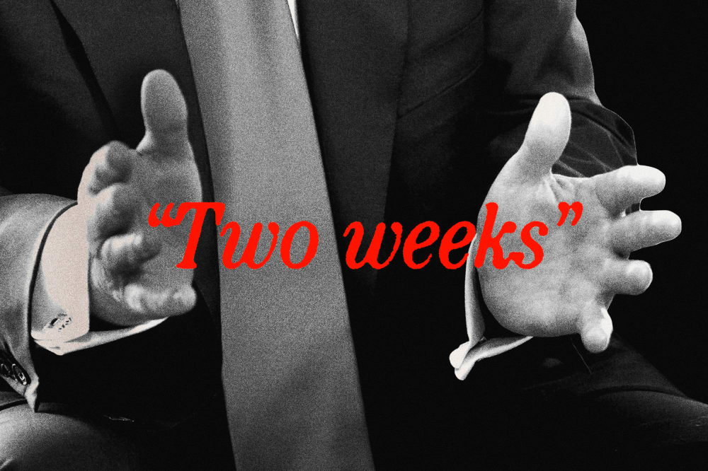 Photoillustration of Donald Trump gesturing with the words "two weeks" overlaid.